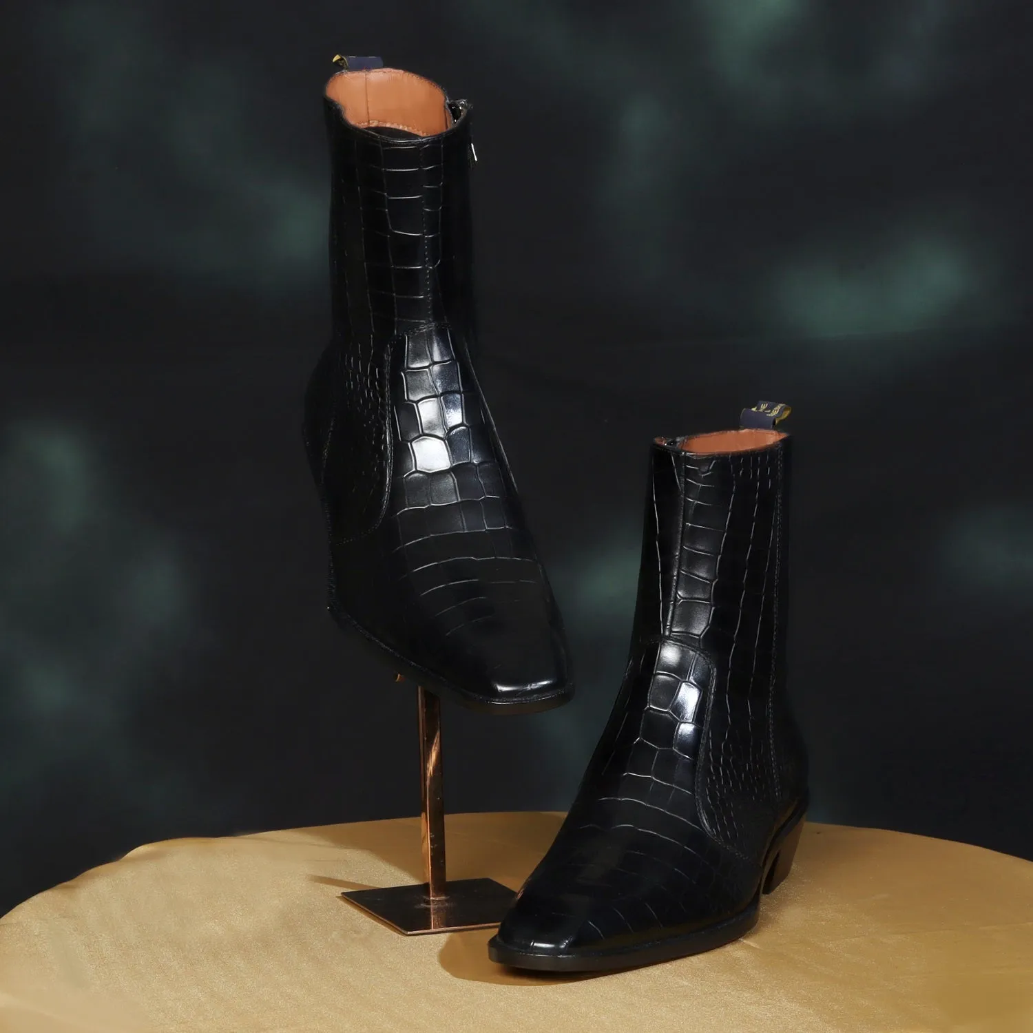 Stitched Black Chelsea Boot with Cuban Heel Zip Closure Deep Cut Leather By Brune & Bareskin