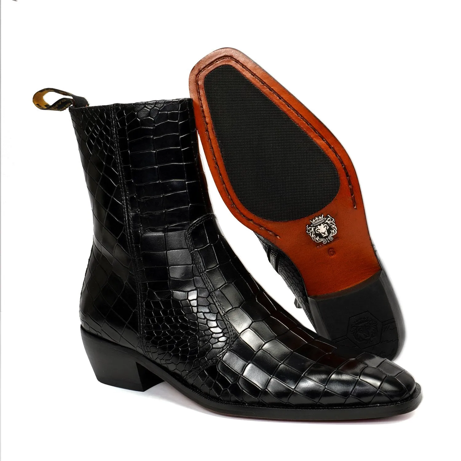 Stitched Black Chelsea Boot with Cuban Heel Zip Closure Deep Cut Leather By Brune & Bareskin
