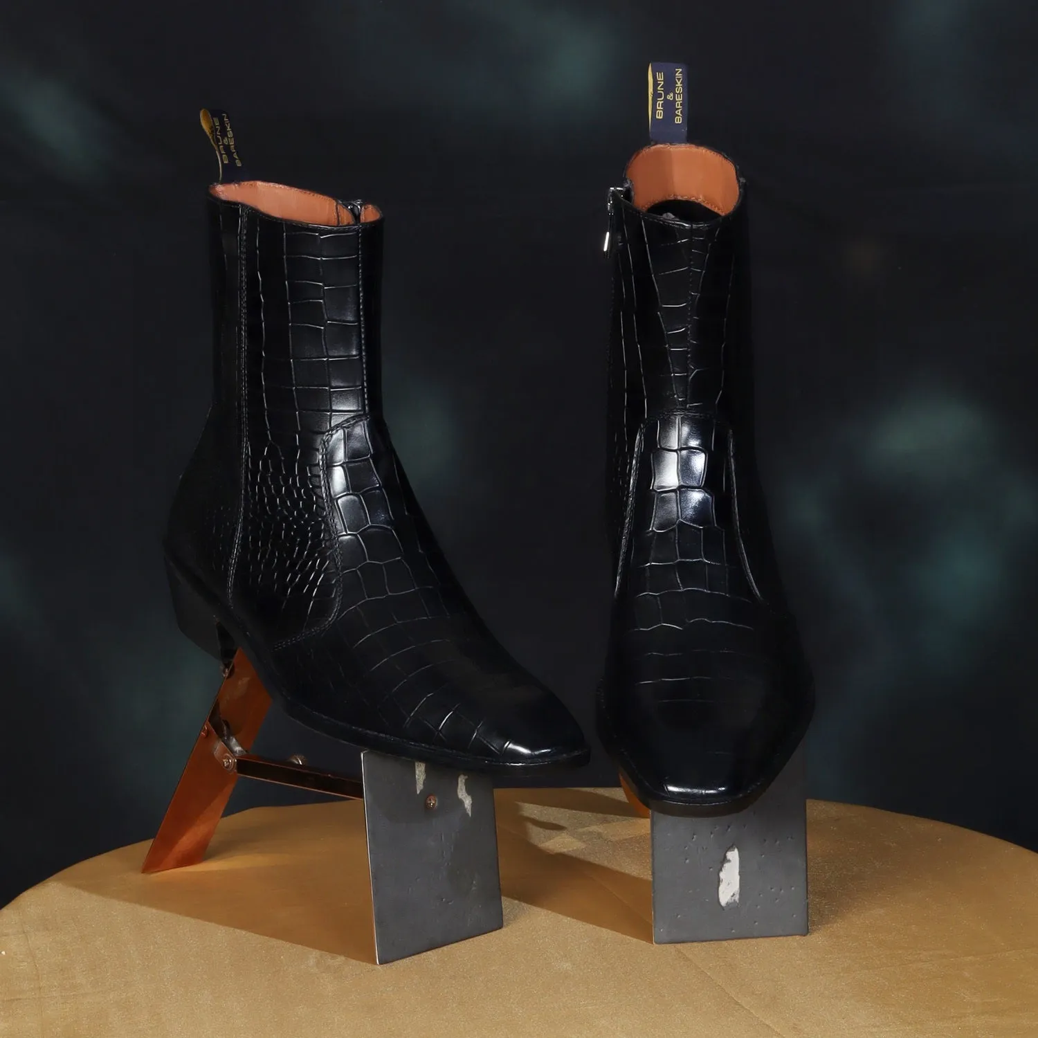 Stitched Black Chelsea Boot with Cuban Heel Zip Closure Deep Cut Leather By Brune & Bareskin