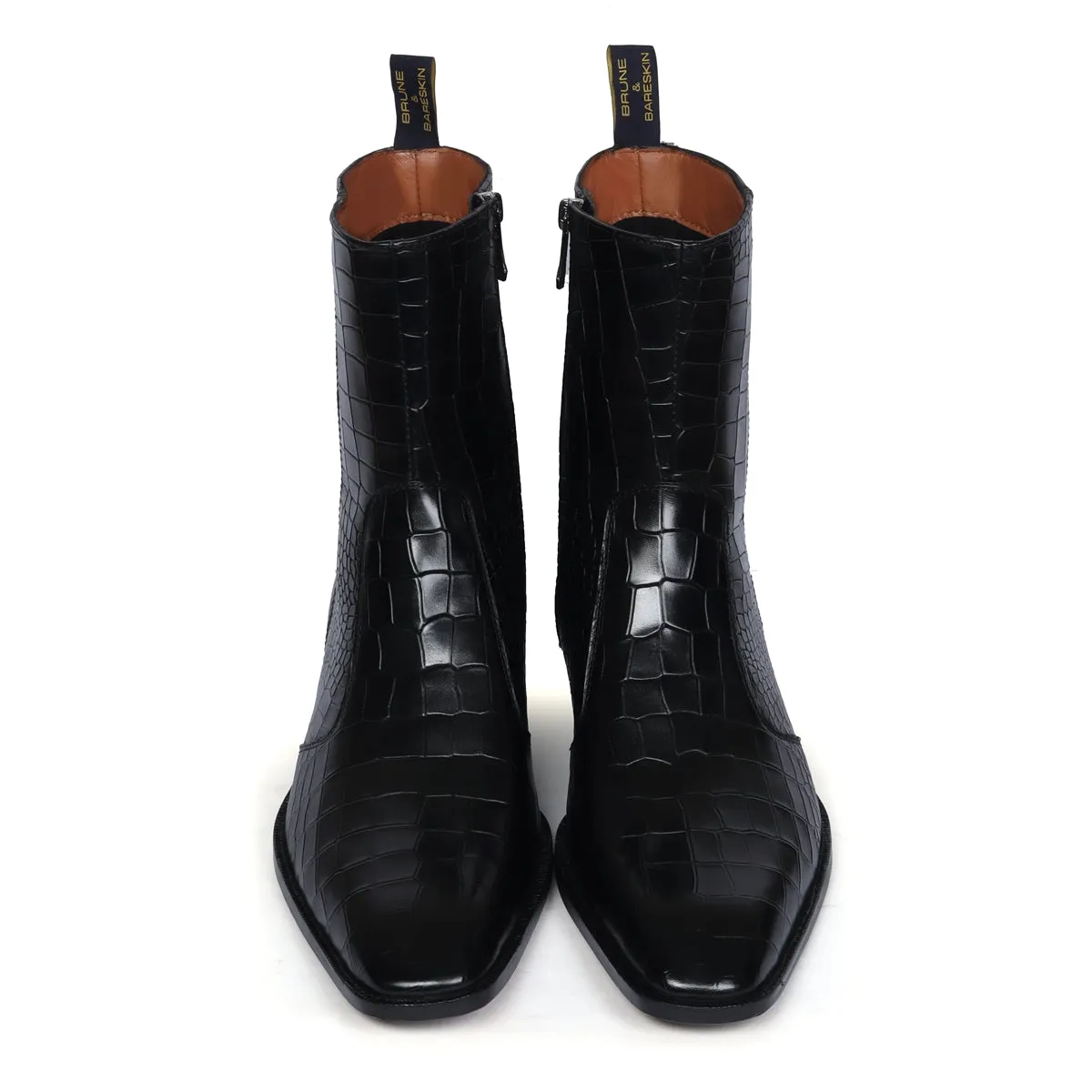 Stitched Black Chelsea Boot with Cuban Heel Zip Closure Deep Cut Leather By Brune & Bareskin