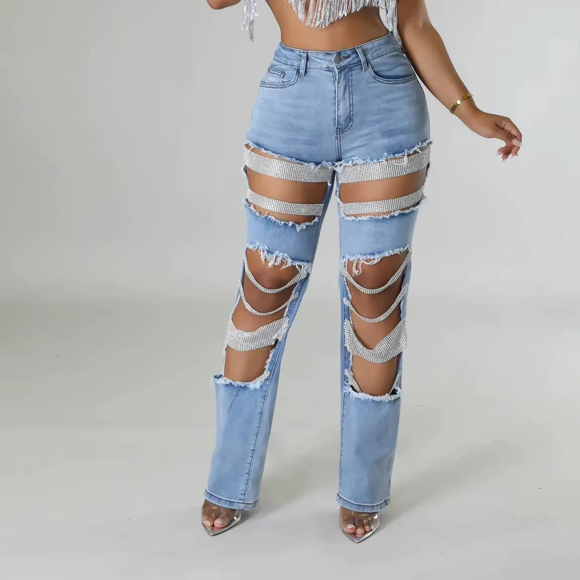 Trend4us Rhinestone-Embellished Distressed Denim Jeans