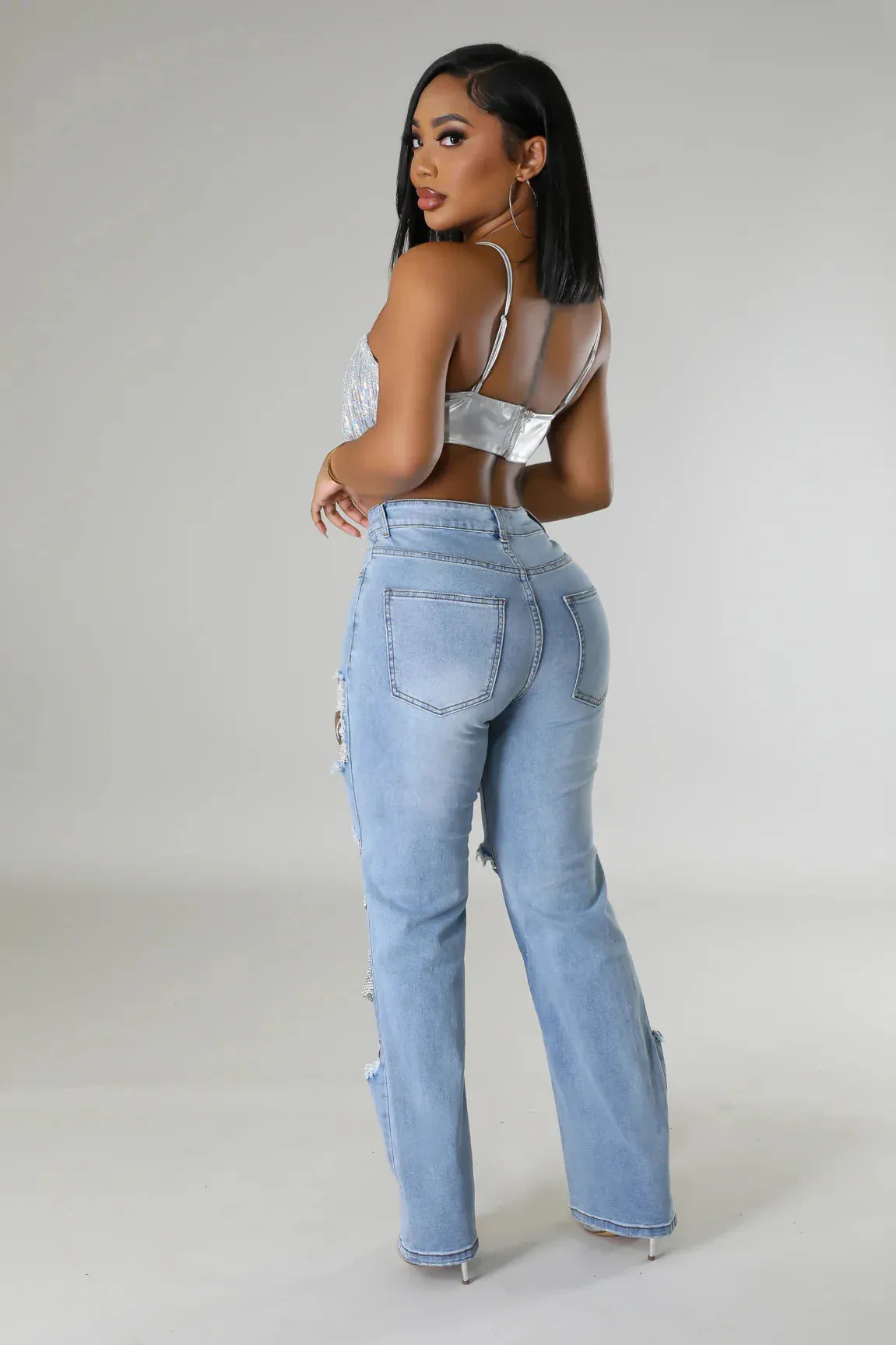 Trend4us Rhinestone-Embellished Distressed Denim Jeans