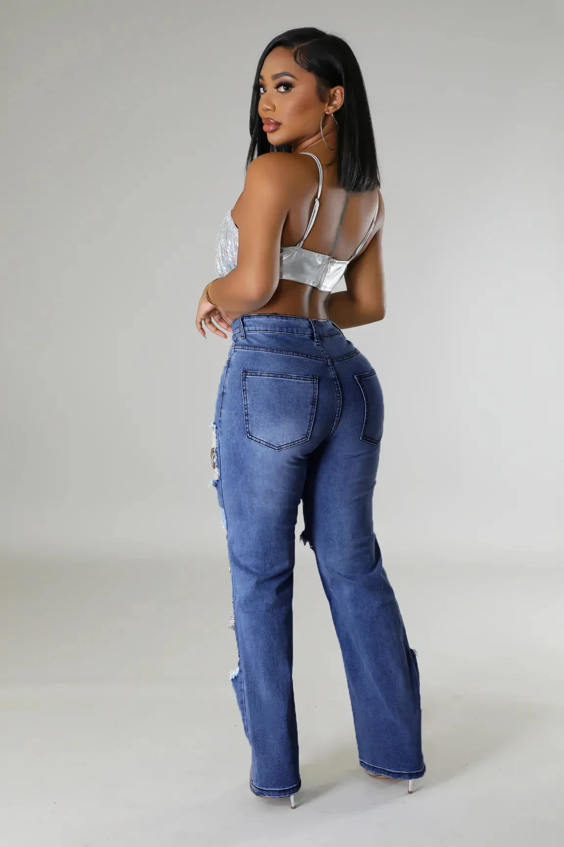 Trend4us Rhinestone-Embellished Distressed Denim Jeans
