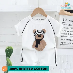 White Knit Half Sleeves Solid Round Neck Tshirt and Shorts Set