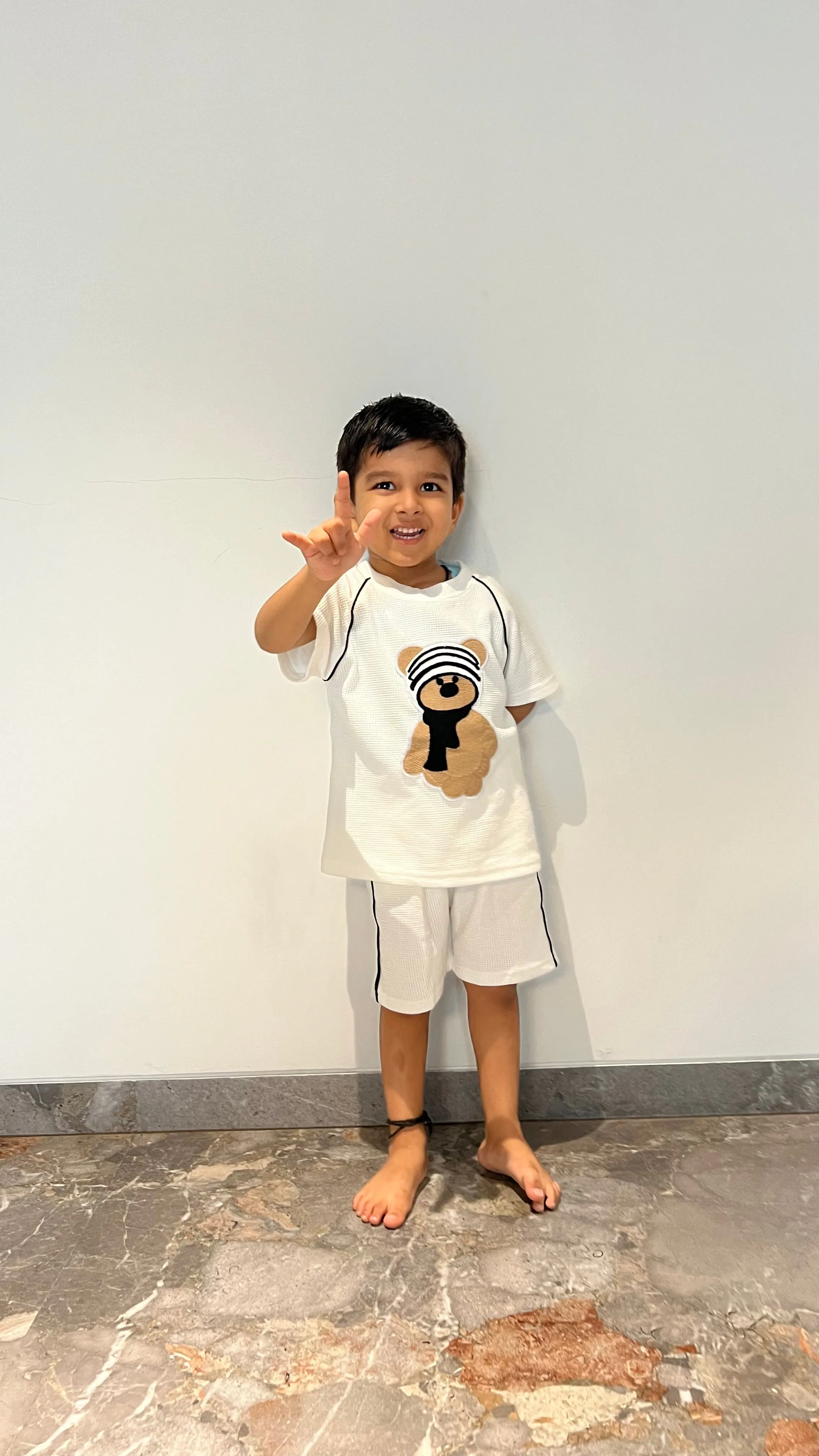 White Knit Half Sleeves Solid Round Neck Tshirt and Shorts Set